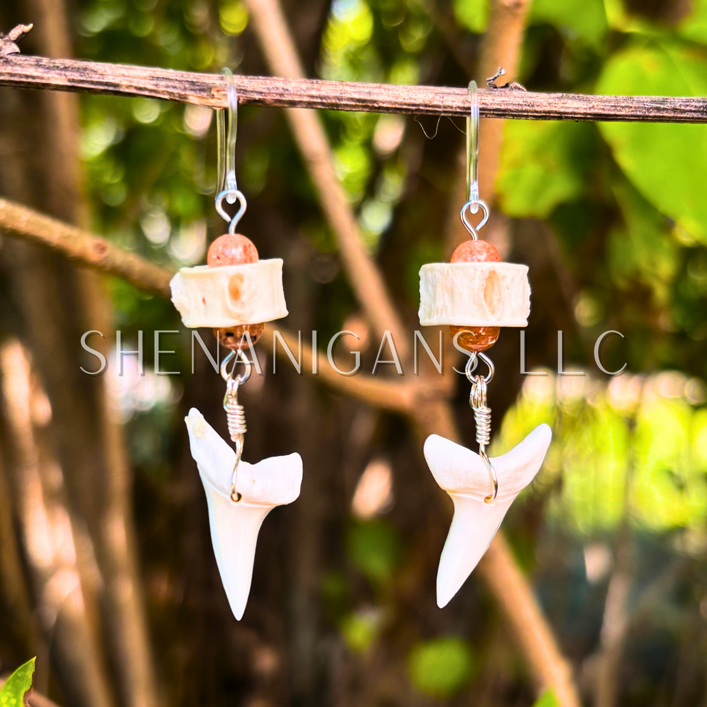 Shark Vertebrae and Shark Tooth Earrings with Crystal Beads