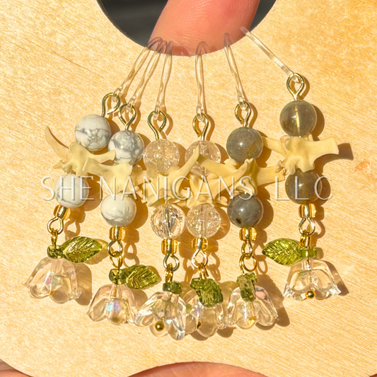 White and Gold Bell Flower Dangle Earrings with Snake Vertebrae and Crystal Beads