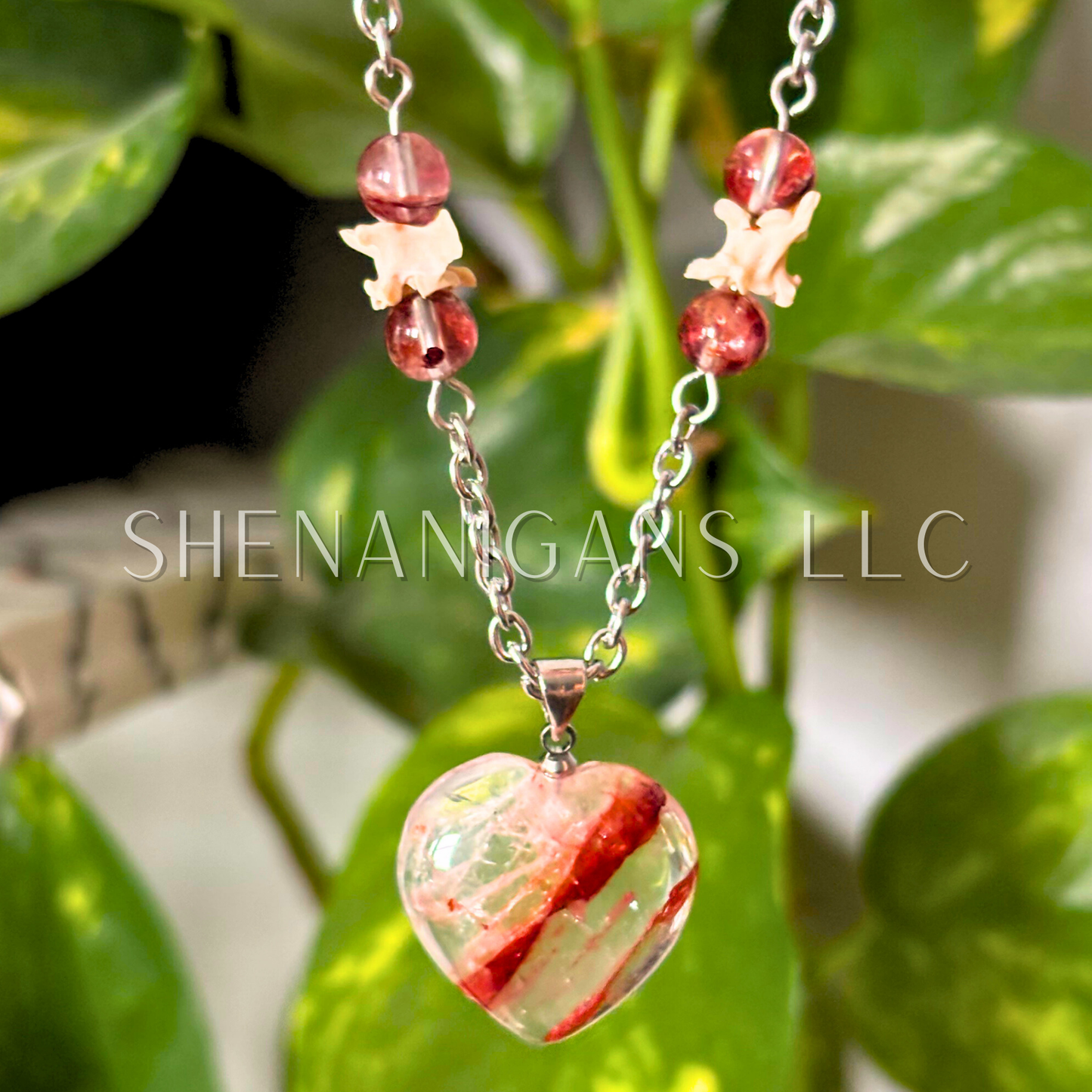 Fire Quartz Heart Pendant with Rattlesnake Vertebrae Necklace