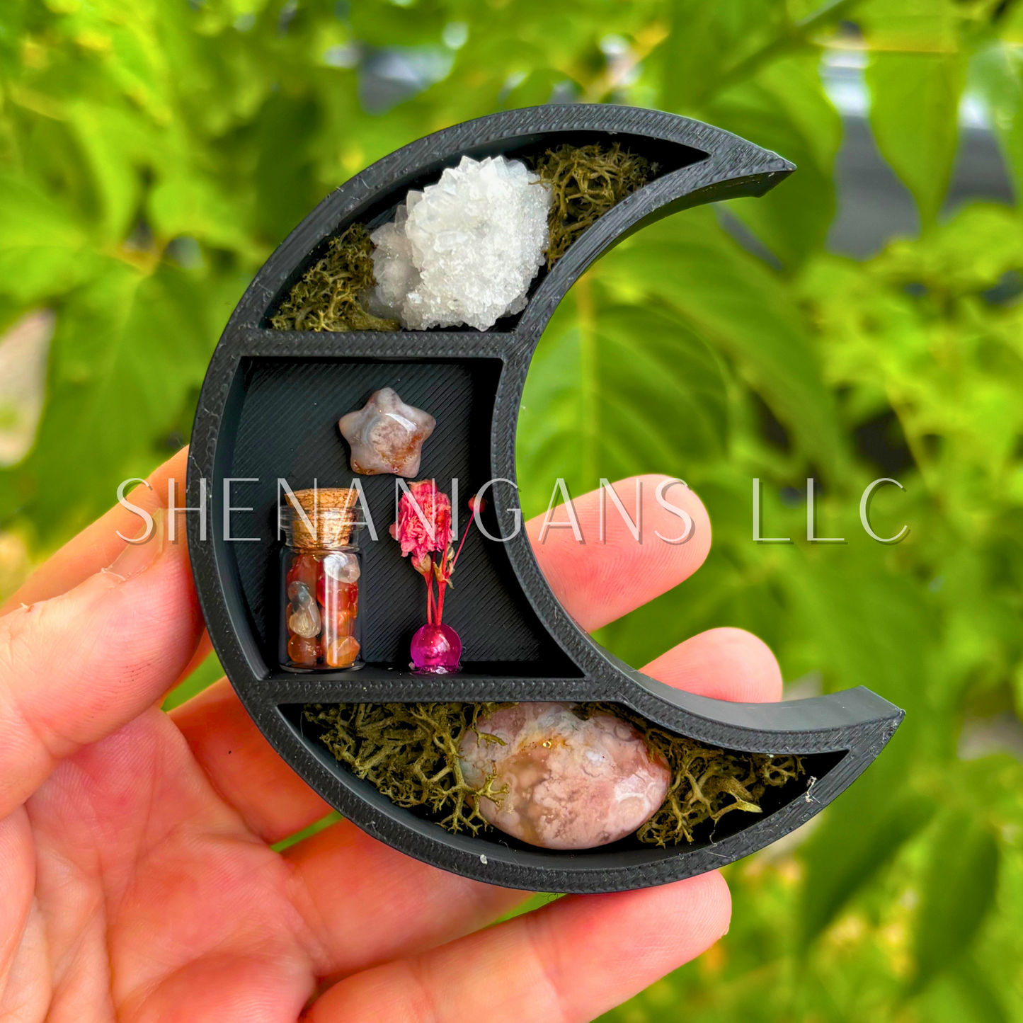 Mini Crescent Moon Magnet with Star Crystal - 3D Printed Moon Display with Handpicked Crystals, Moss & Trinkets (Copy) (Copy)