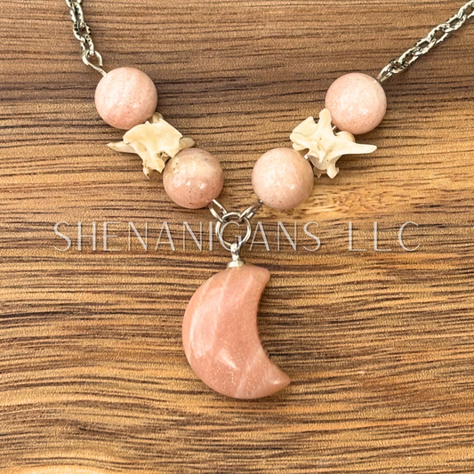 Sunstone Moon Necklace – Crystal Carving with Beads & Bone Detail