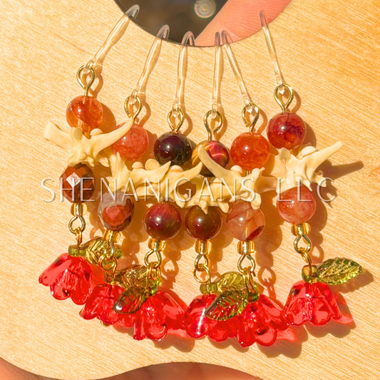Red and Gold Bell Flower Dangle Earrings with Snake Vertebrae and Crystal Beads