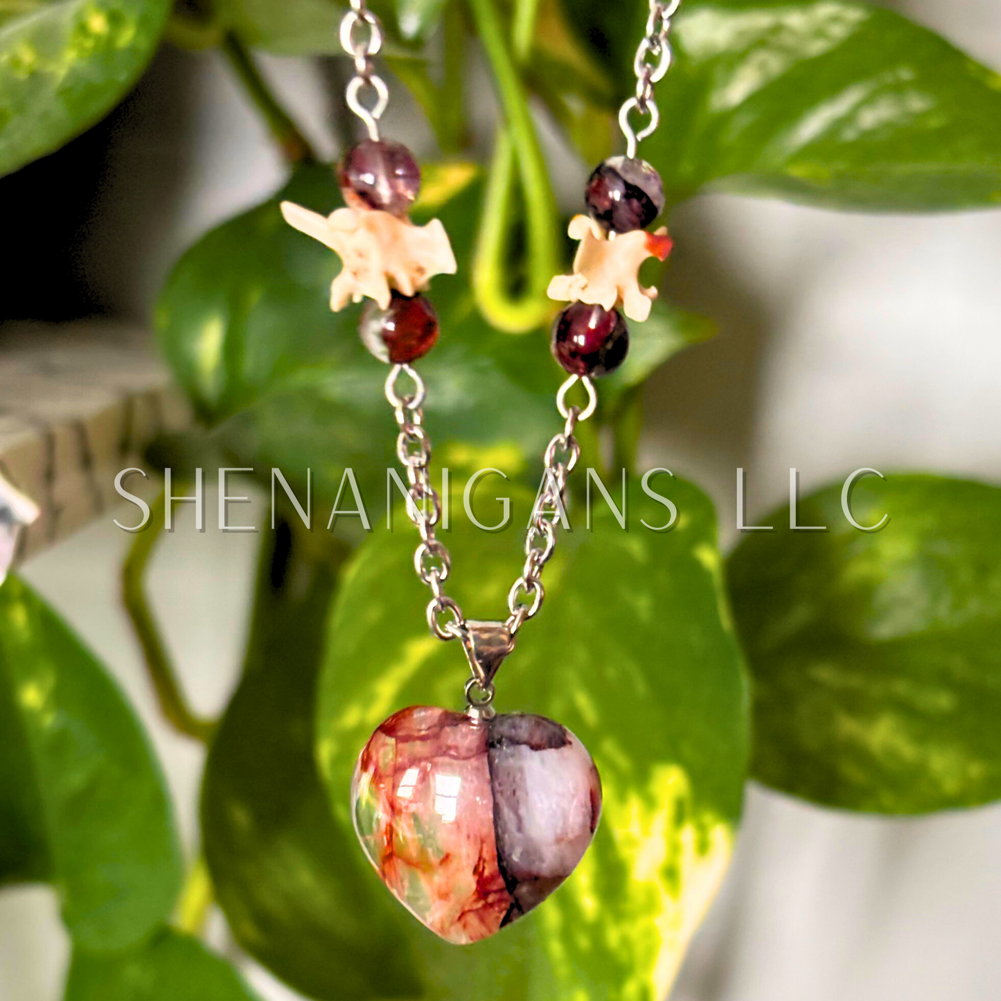 Fire Quartz Heart Pendant with Rattlesnake Vertebrae Necklace