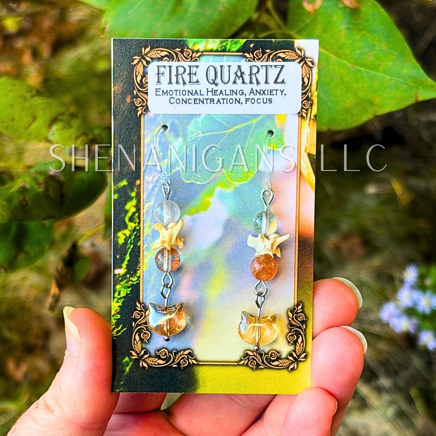 Aura Cat Head Earrings with Silver Tones, Snake Vertebrae, and Crystal Beads