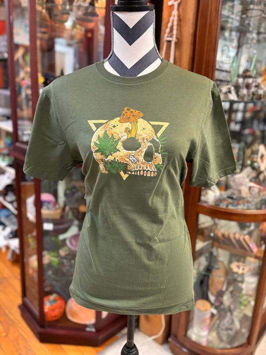 Skull, Weed, Mushroom, Military Green Shirt