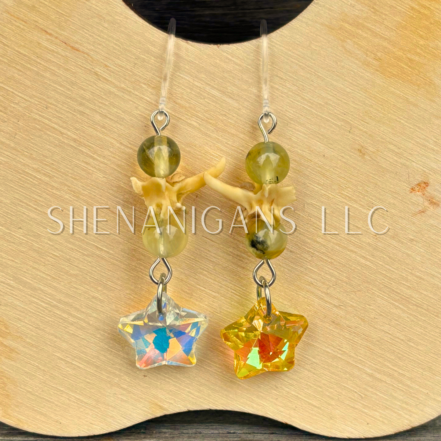 Star Dangle Earrings with Snake Vertebrae and Crystal Beads
