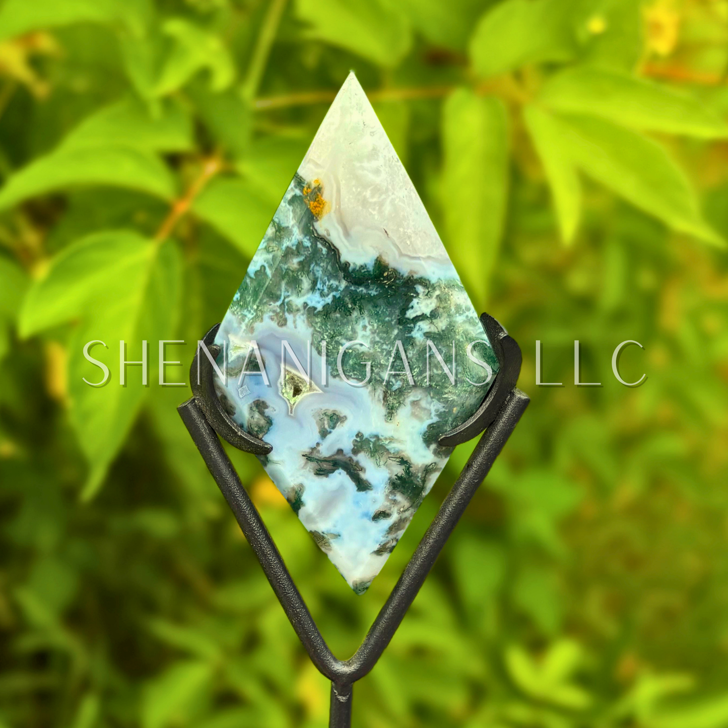 Moss Agate Kite Diamond on Stand