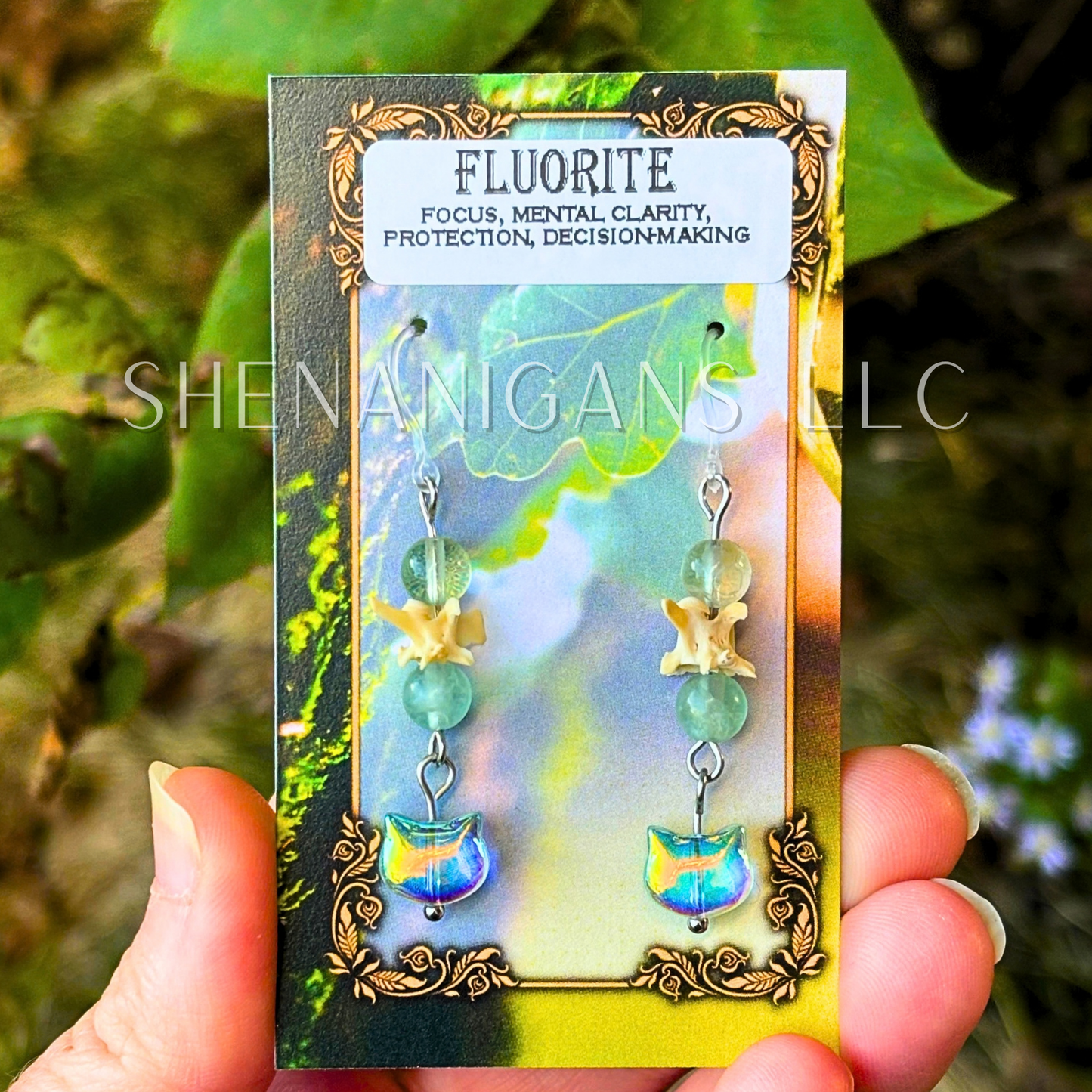 Aura Cat Head Earrings with Silver Tones, Snake Vertebrae, and Crystal Beads