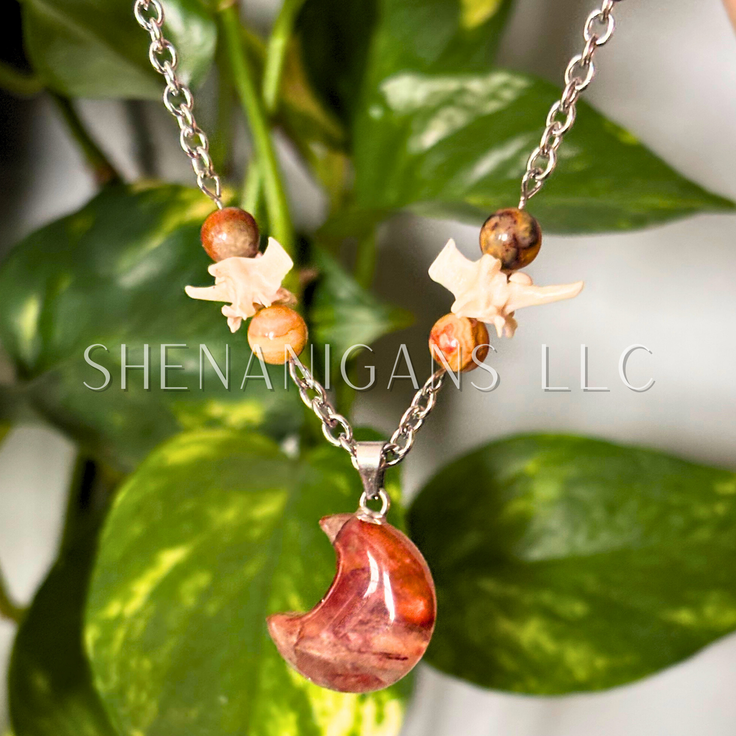 Fire Quartz Crescent Moon Pendant – Crystal Beads & Rattlesnake Vertebrae Necklace