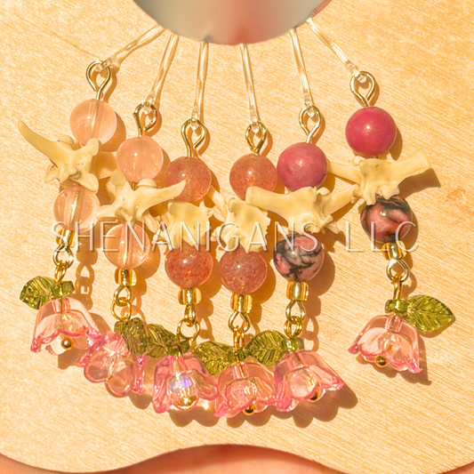Pink and Gold Bell Flower Dangle Earrings with Snake Vertebrae and Crystal Beads