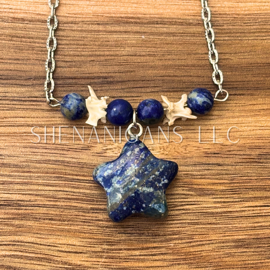 Lapis Lazuli Star Necklace – Crystal Carving with Beads & Bone Detail