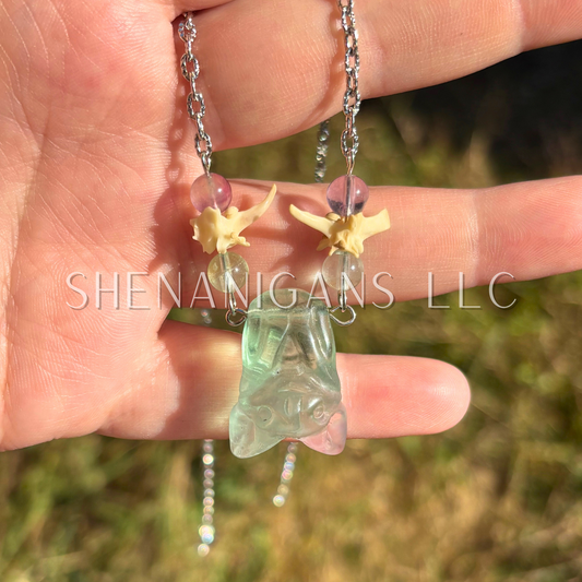 Green Fluorite Hanging Fruit Bat Necklace with Green Flourite Beads