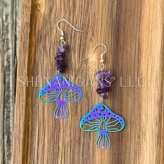 Rainbow Aura Mushroom Earrings – Stainless Steel with Crystal Chip Accents