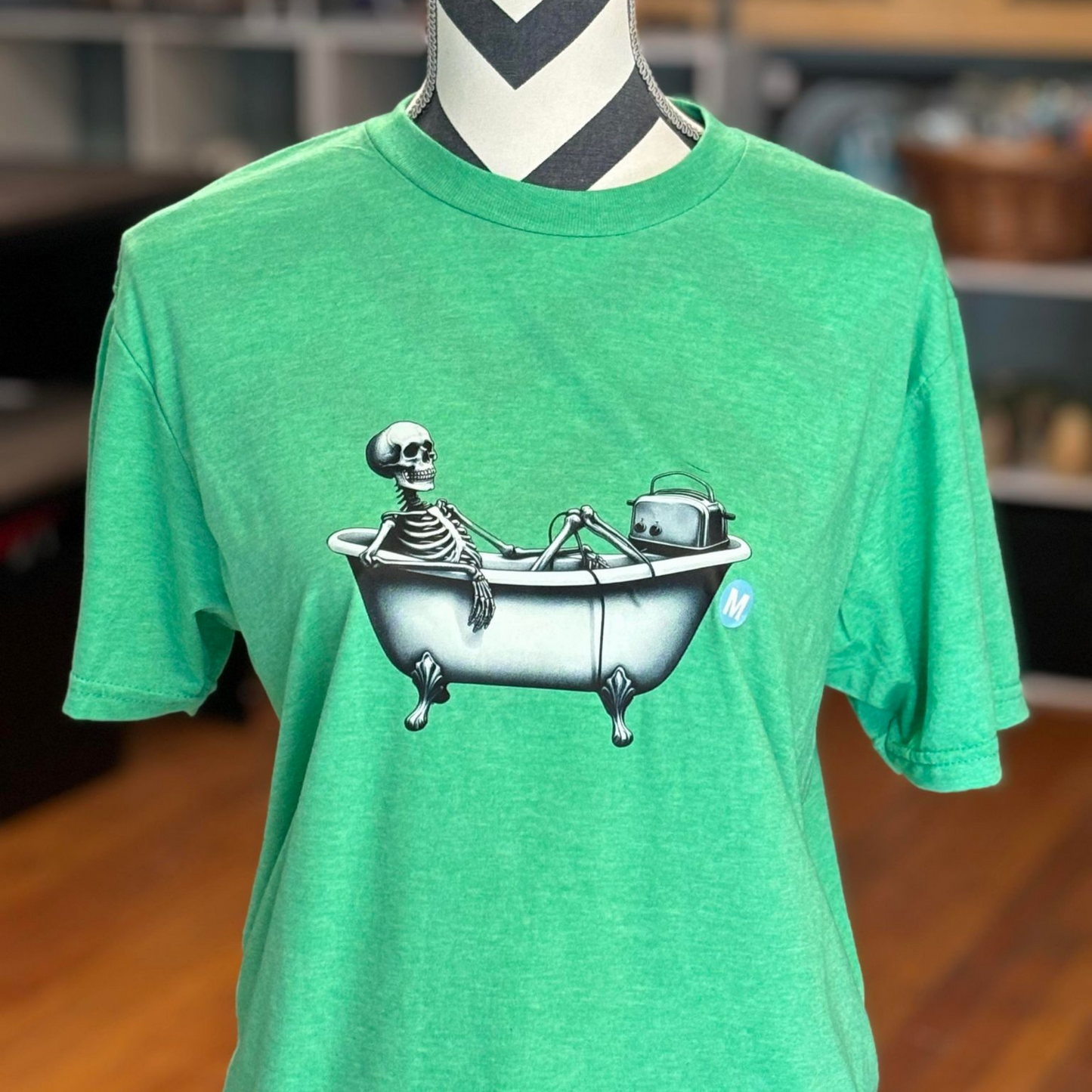 Live Laugh Toaster Bath Green Tee Shirt, Skeleton Bathtub