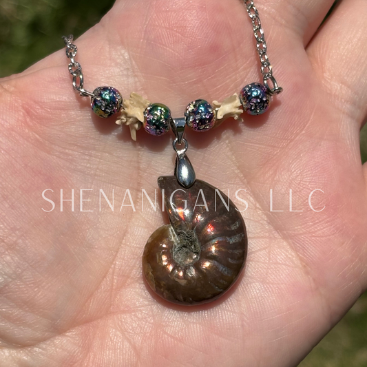 Ammonite Shell Talisman Necklace – Aura Lava Stone & Rattlesnake Bone