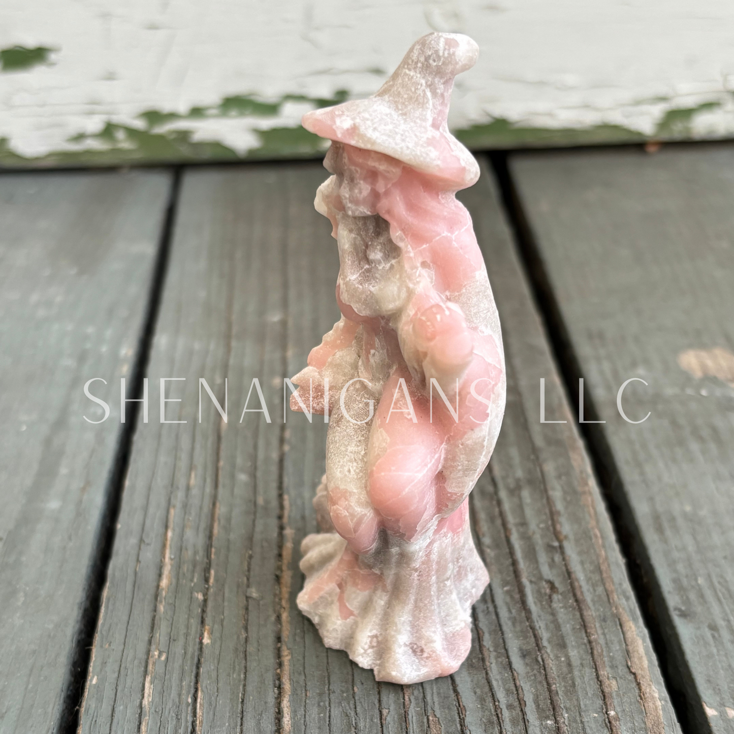 Flying Witch With Broom - Pink Opal - Crystal Carving