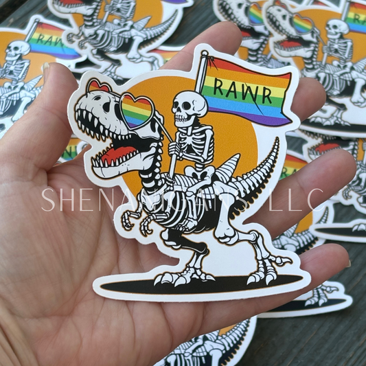 Skeleton Riding Skeleton T-Rex with Pride Flag Digital Art Sticker
