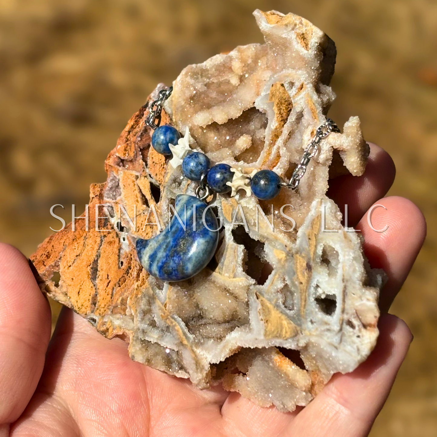 Lapis Lazuli Moon Necklace – Crystal Carving with Beads & Bone Detail