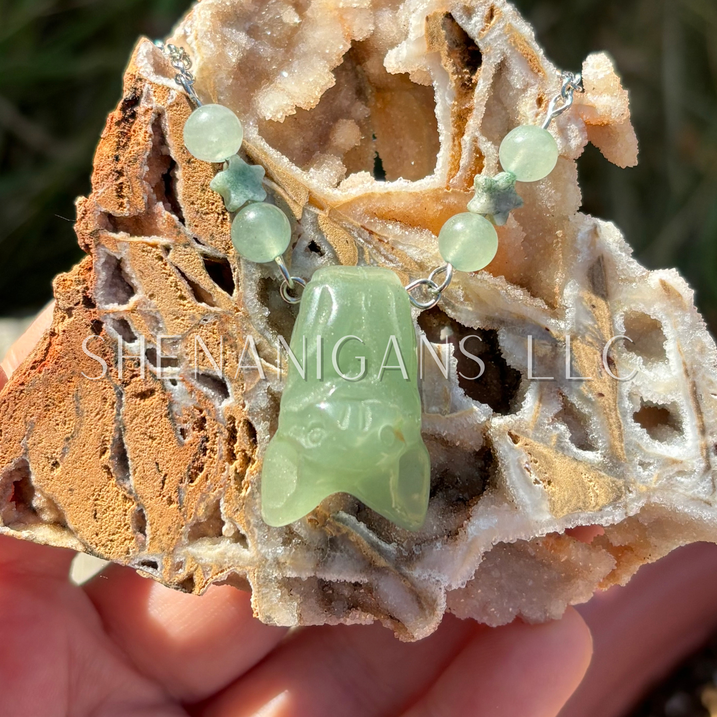 Green Aventurine Hanging Fruit Bat Necklace with Green Aventurine Beads