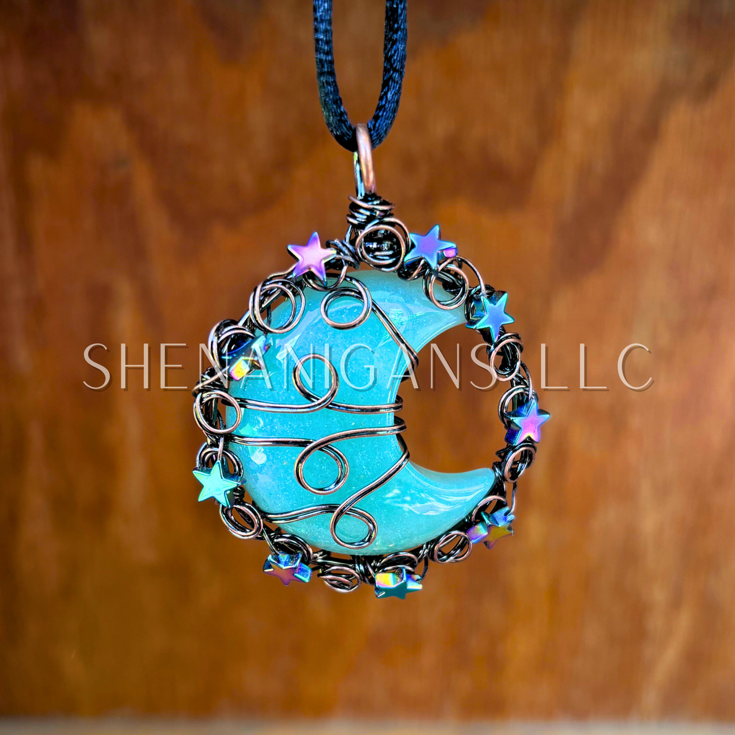 Wire Wrapped Moon Pendant on Satin Silk Necklace Cord