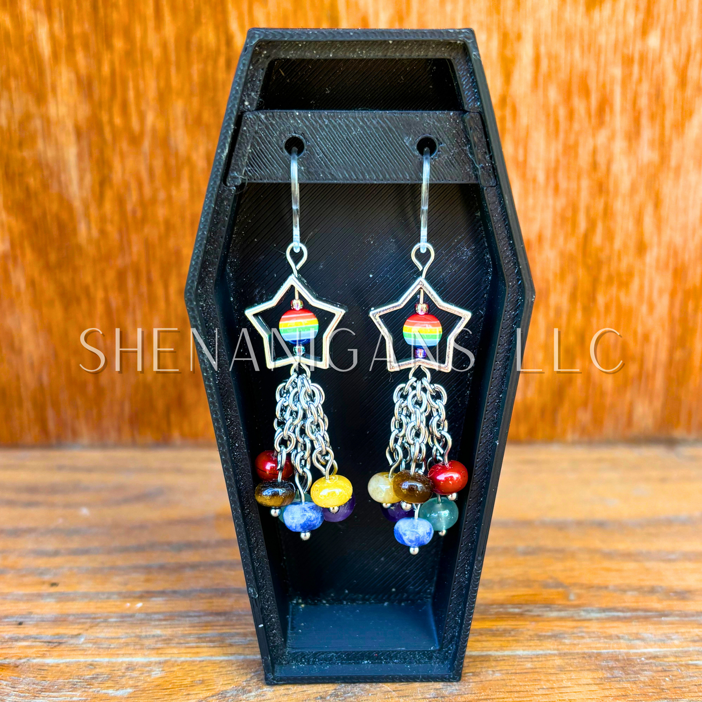 Rainbow Pride Flag Shooting Star Earrings with Crystal Donut Beads – Handmade Celestial Coffin Display