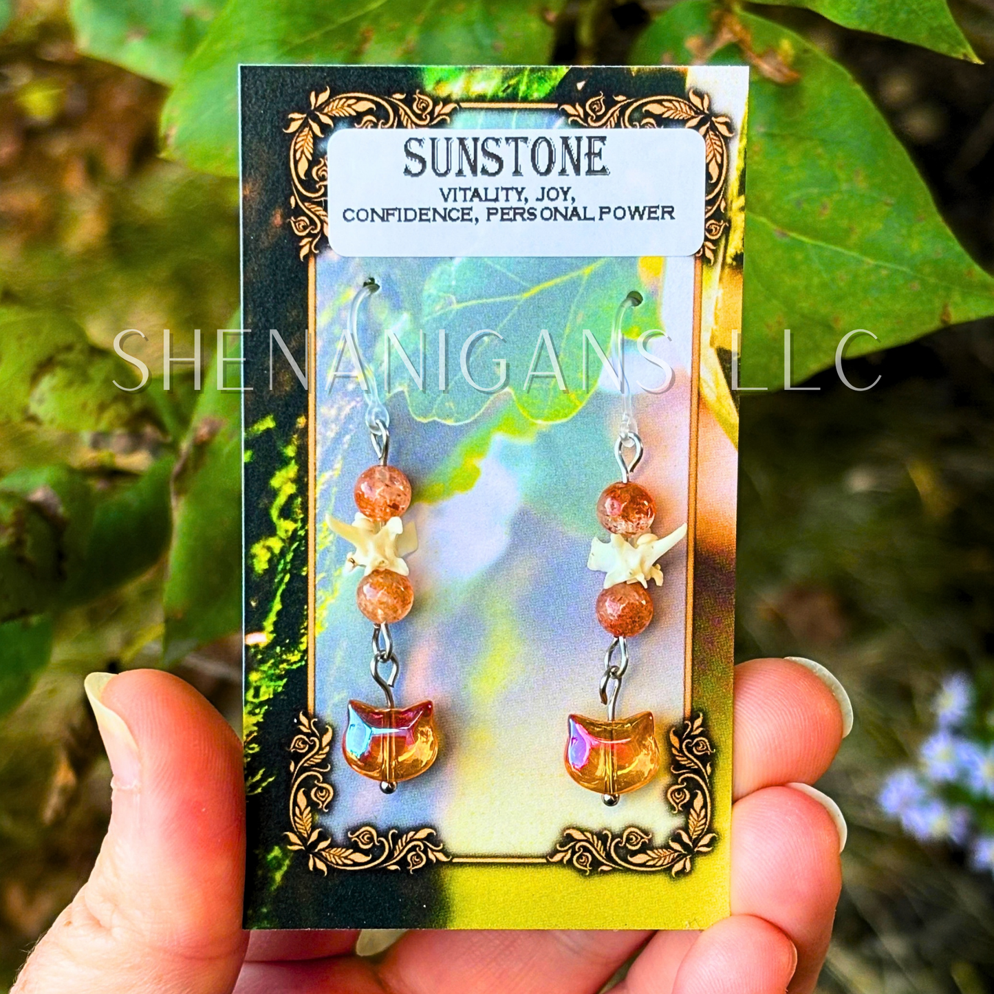 Aura Cat Head Earrings with Silver Tones, Snake Vertebrae, and Crystal Beads