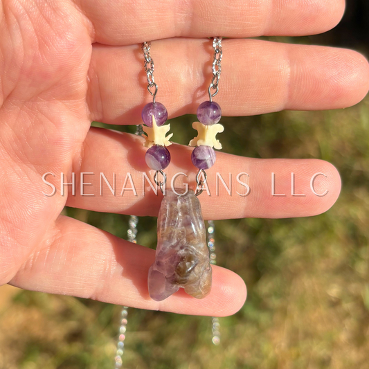 Amethyst Bat Necklace with Amethyst Beads and Rattlesnake Vertebrae