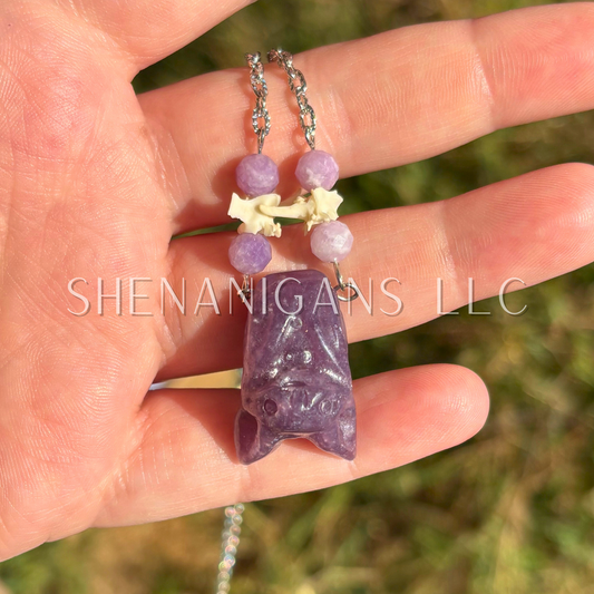 Lepidolite Bat Necklace – Crystal Carving with Lepidolite Beads & Silver Chain