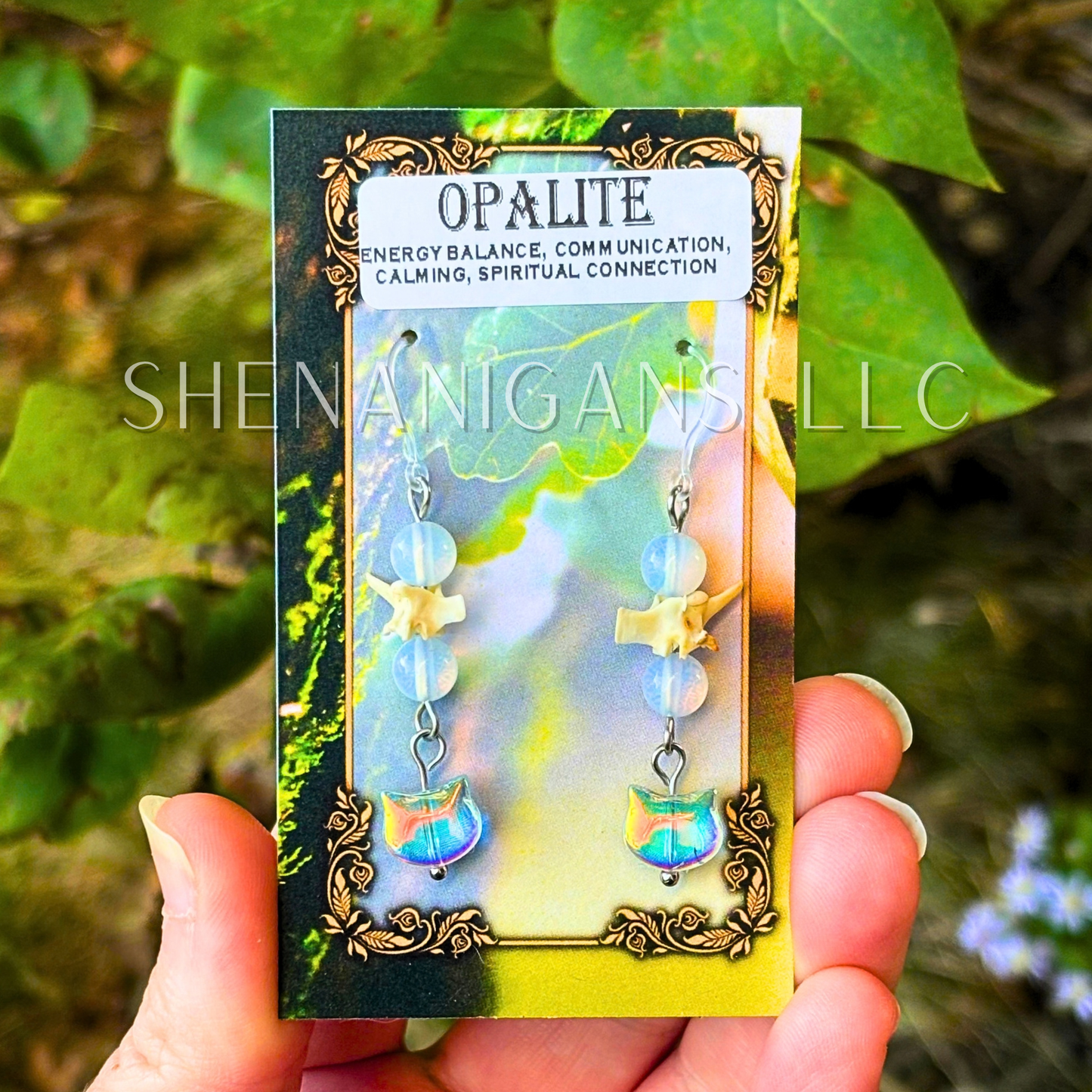 Aura Cat Head Earrings with Silver Tones, Snake Vertebrae, and Crystal Beads