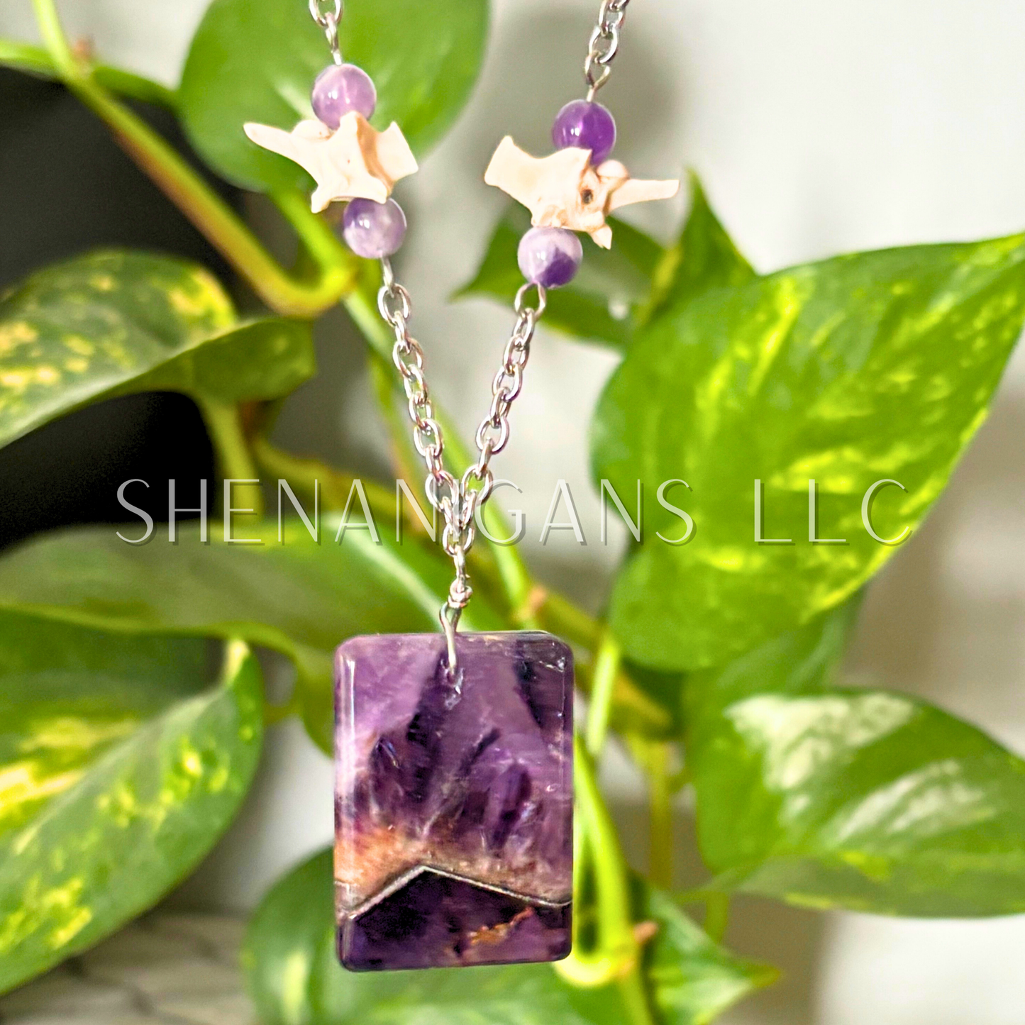 Auralite Amethyst Rectangle Pendant Necklace with Snake Vertebrae and Amethyst Beads