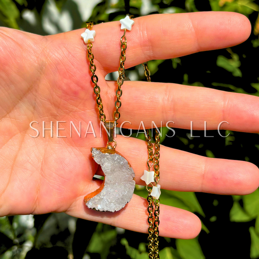 Druzy Agate Crescent Moon Necklace