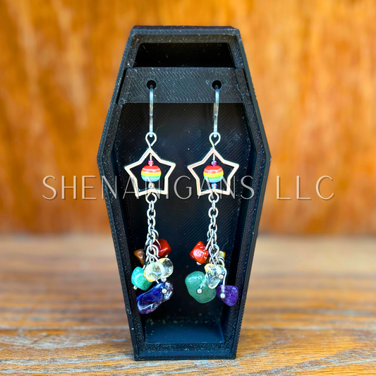 Rainbow Pride Flag Shooting Star Earrings with Crystal Chip Beads – Handmade Celestial Coffin Display (Copy)
