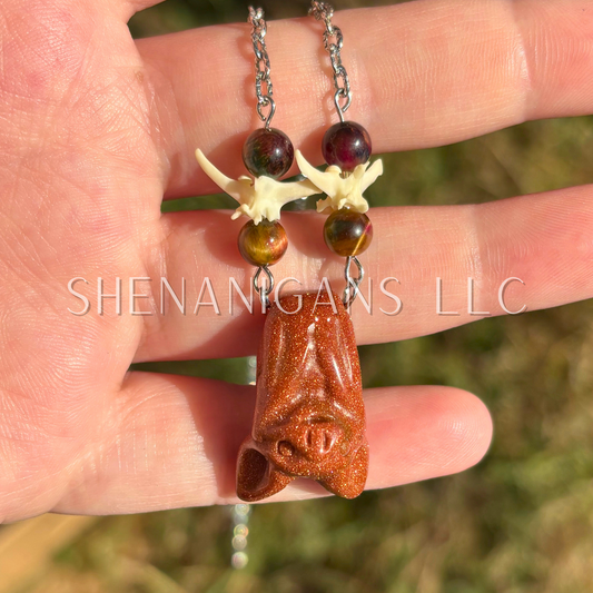 Goldstone Bat Necklace – Crystal Carving with Galaxy Tiger Eye Beads & Silver Chain