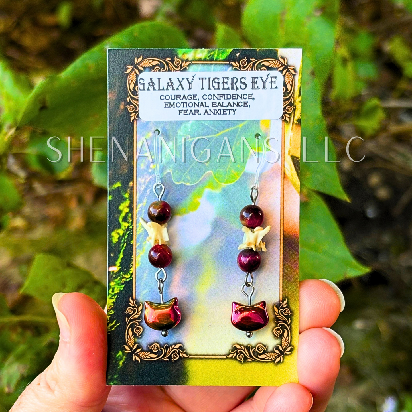 Aura Cat Head Earrings with Silver Tones, Snake Vertebrae, and Crystal Beads