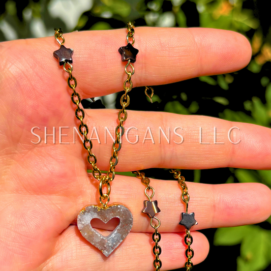 Druzy Dark Agate Heart Necklace