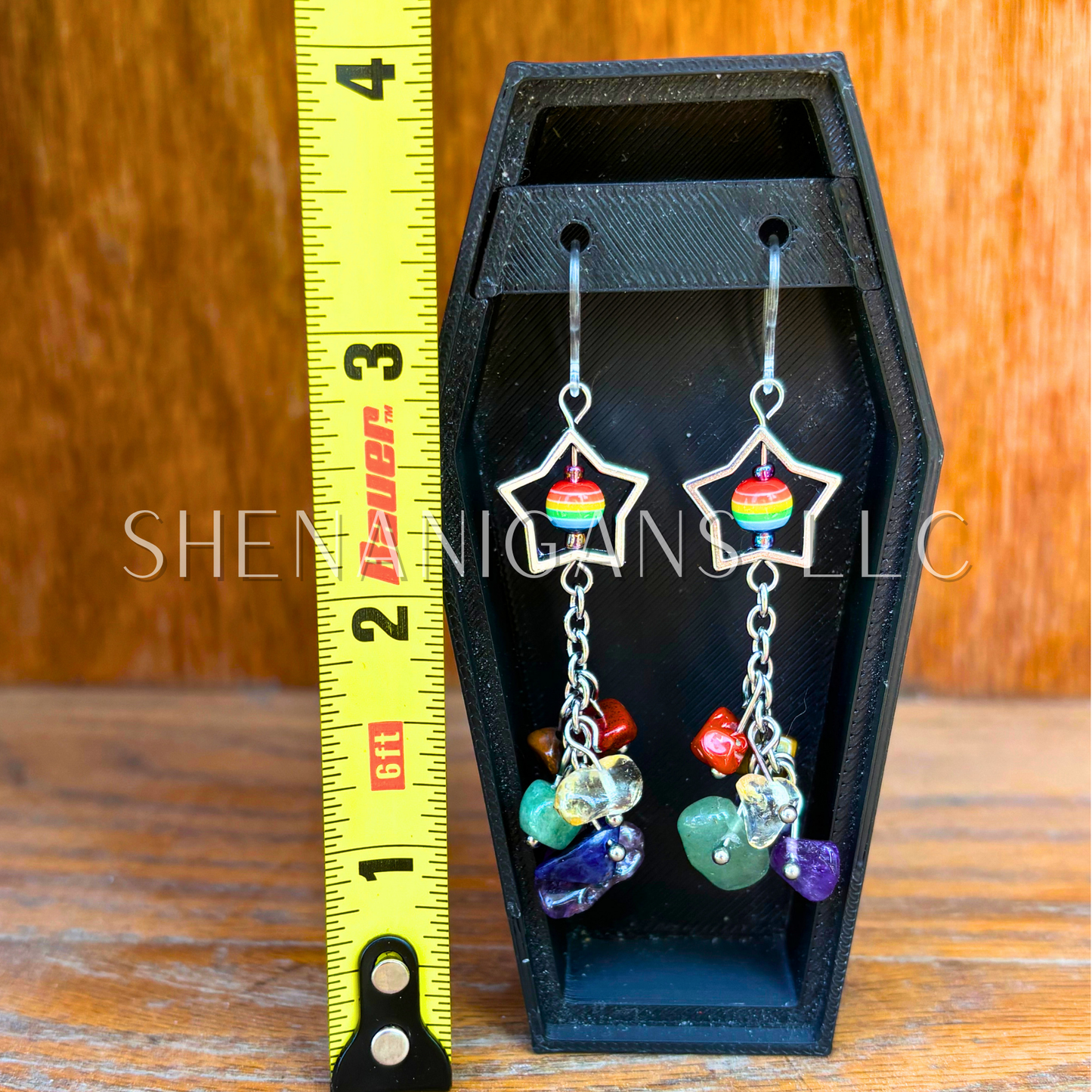Rainbow Pride Flag Shooting Star Earrings with Crystal Chip Beads – Handmade Celestial Coffin Display (Copy)