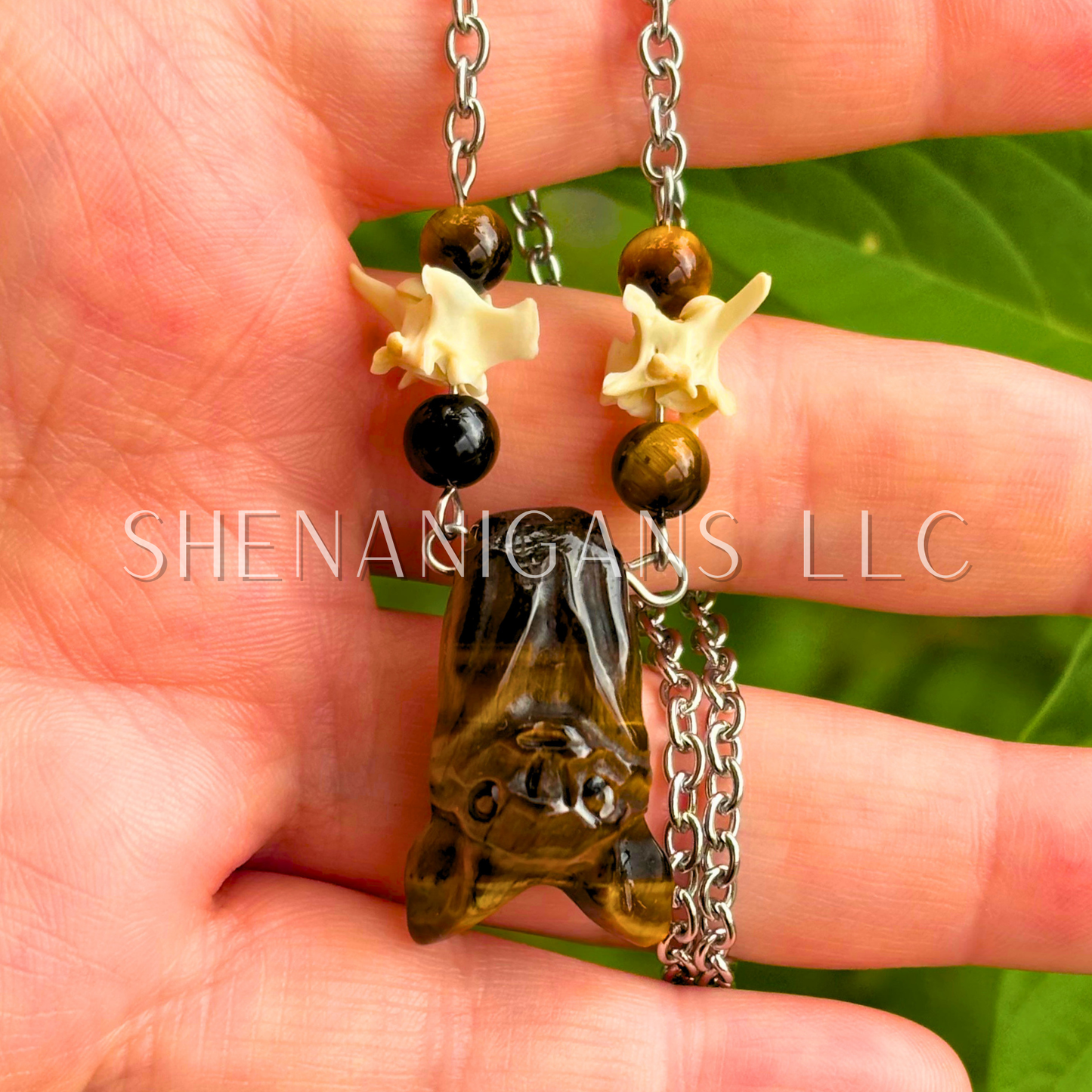 Tiger’s Eye Bat Necklace – Crystal Carving with Tiger’s Eye Beads & Silver Chain