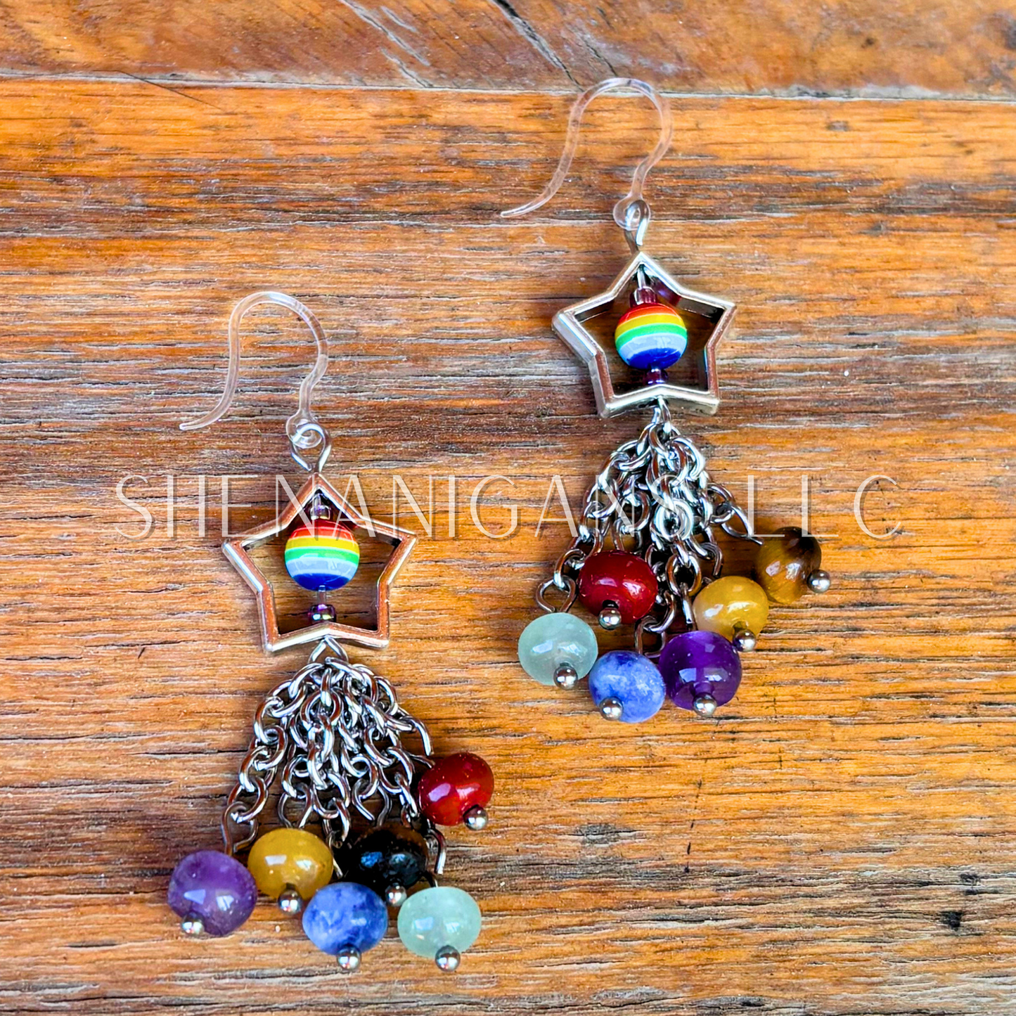Rainbow Pride Flag Shooting Star Earrings with Crystal Donut Beads – Handmade Celestial Coffin Display