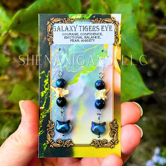 Aura Cat Head Earrings with Silver Tones, Snake Vertebrae, and Crystal Beads