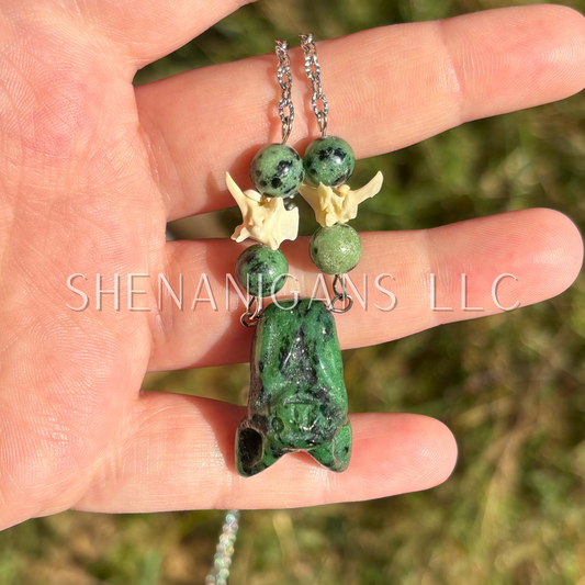 UV Reactive Ruby Zoisite Bat Necklace – Crystal Carving with Ruby Zoisite Beads & Silver Chain