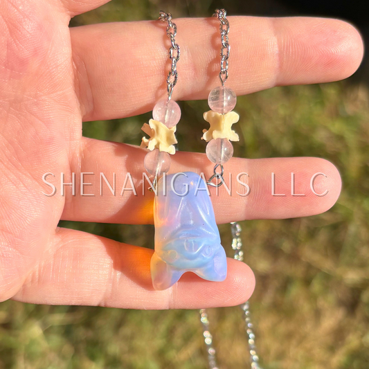 Pink Opalite Bat Necklace – Crystal Carving with Rose Quartz Beads & Silver Chain