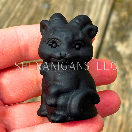 Small Chubby Cat with Goat Horns - Obsidian - Crystal Carving | Symbol of Protection & Independence