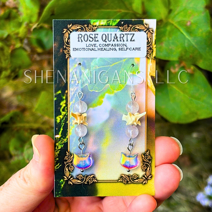 Aura Cat Head Earrings with Silver Tones, Snake Vertebrae, and Crystal Beads