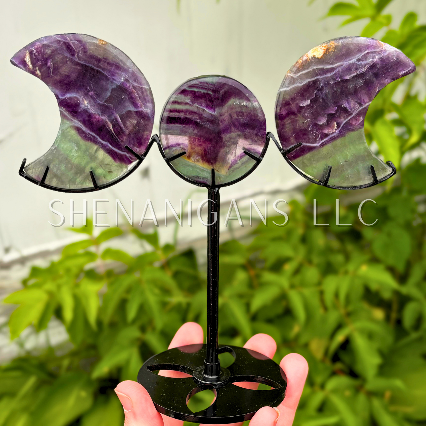 Fluorite Triple Goddess Moon Phase on Stand Crystal Carving