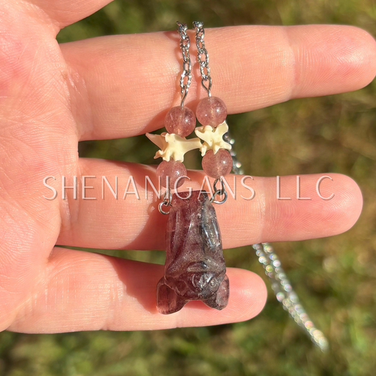 Strawberry Quartz Bat Necklace – Crystal Carving with Strawberry Quartz Beads & Silver Chain