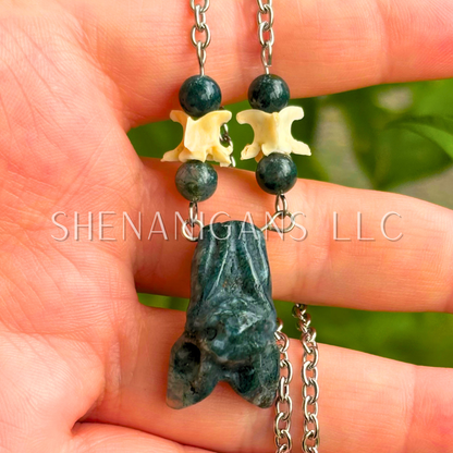 Moss Agate Bat Necklace – Crystal Carving with Moss Agate Beads
