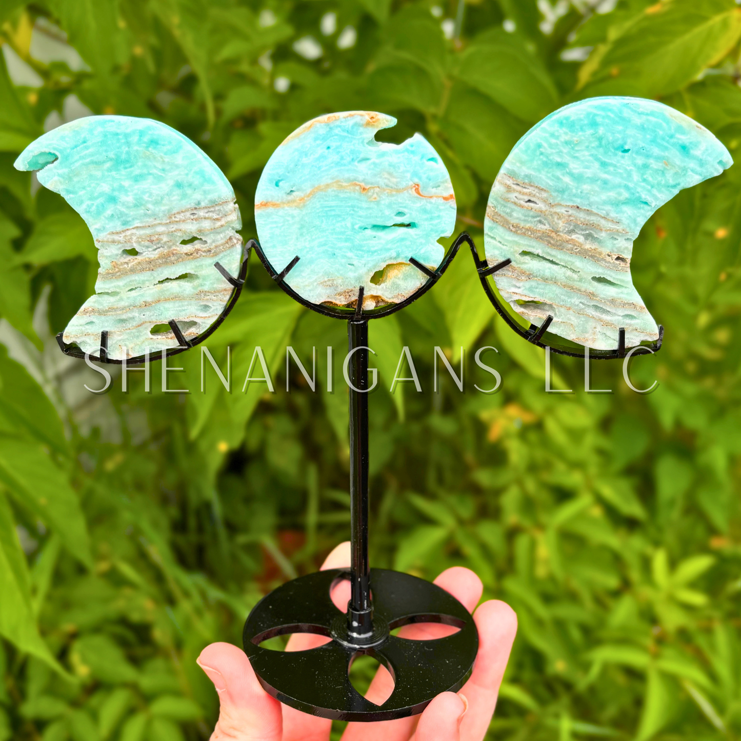 Blue Aragonite Triple Goddess Moon Phase on Stand Crystal Carving