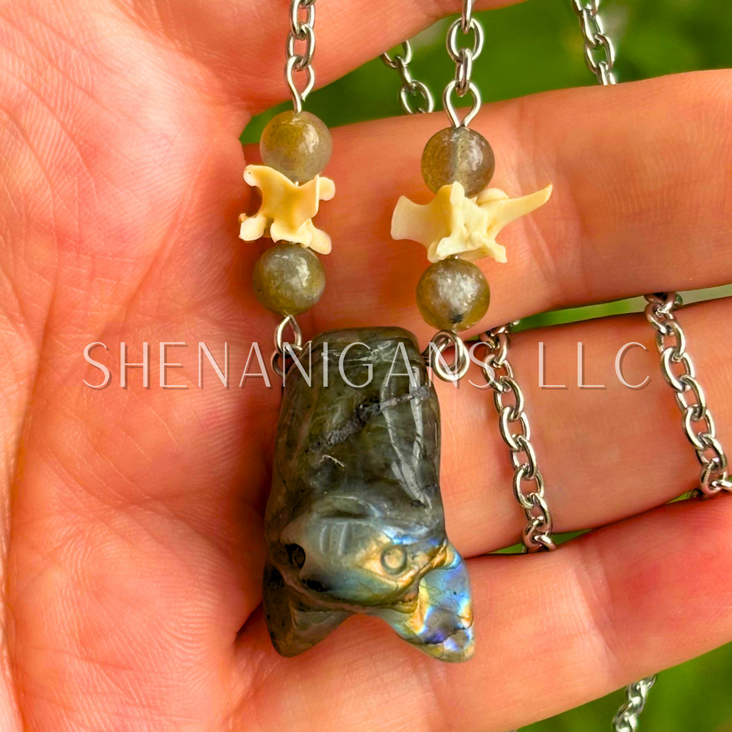Labradorite Bat Necklace – Crystal Carving with Labradorite Beads