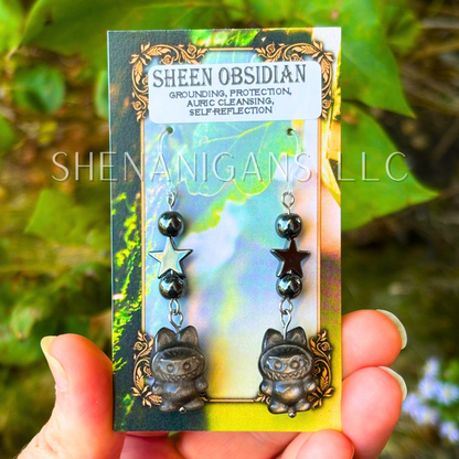 Silver Sheen Obsidian Little Monster Earrings
