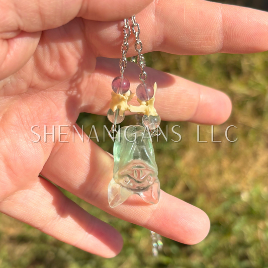 Green Fluorite Hanging Fruit Bat Necklace with Green Flourite Beads